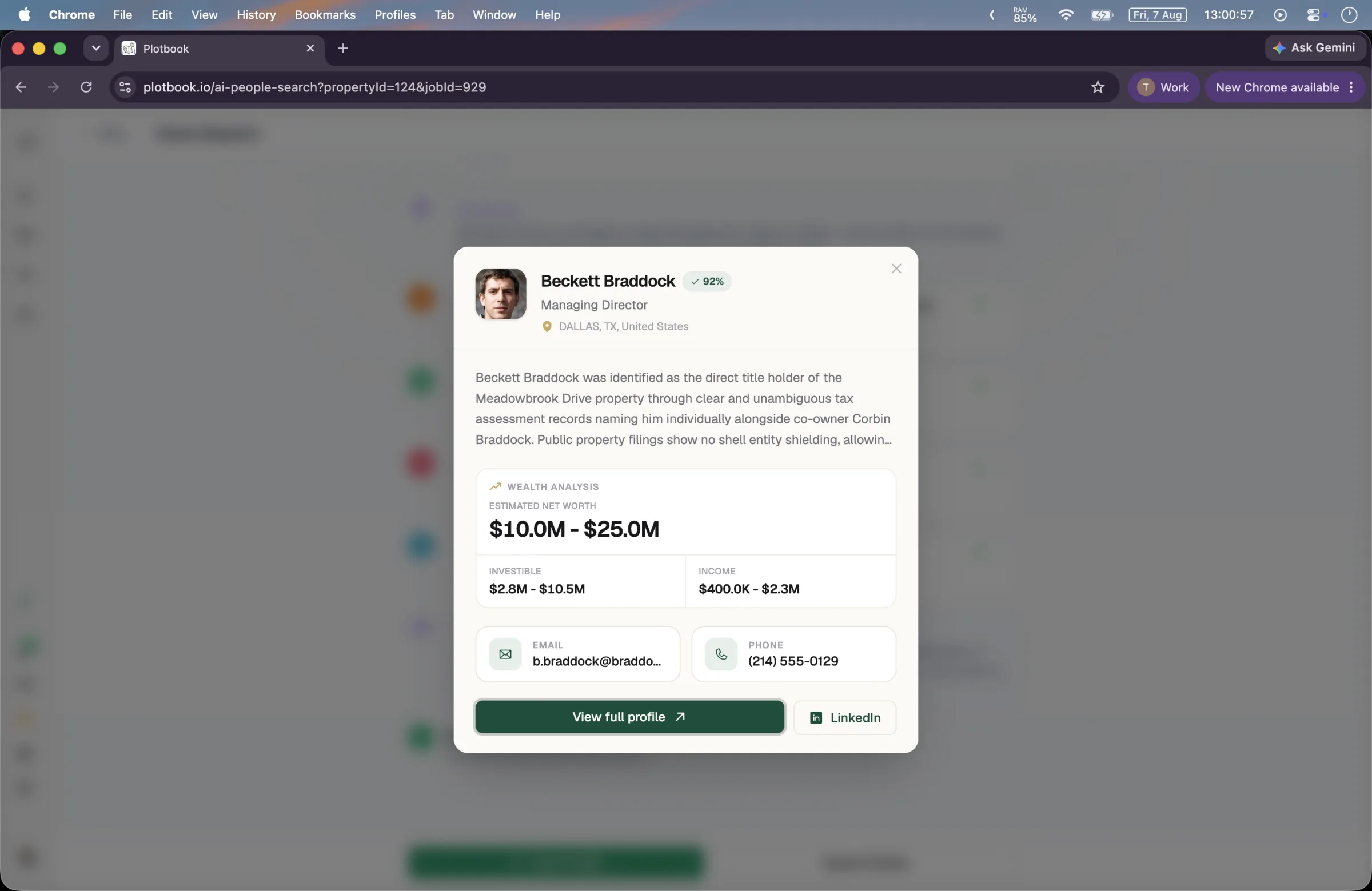 A completed prospect profile with an estimated net worth range and contact details.