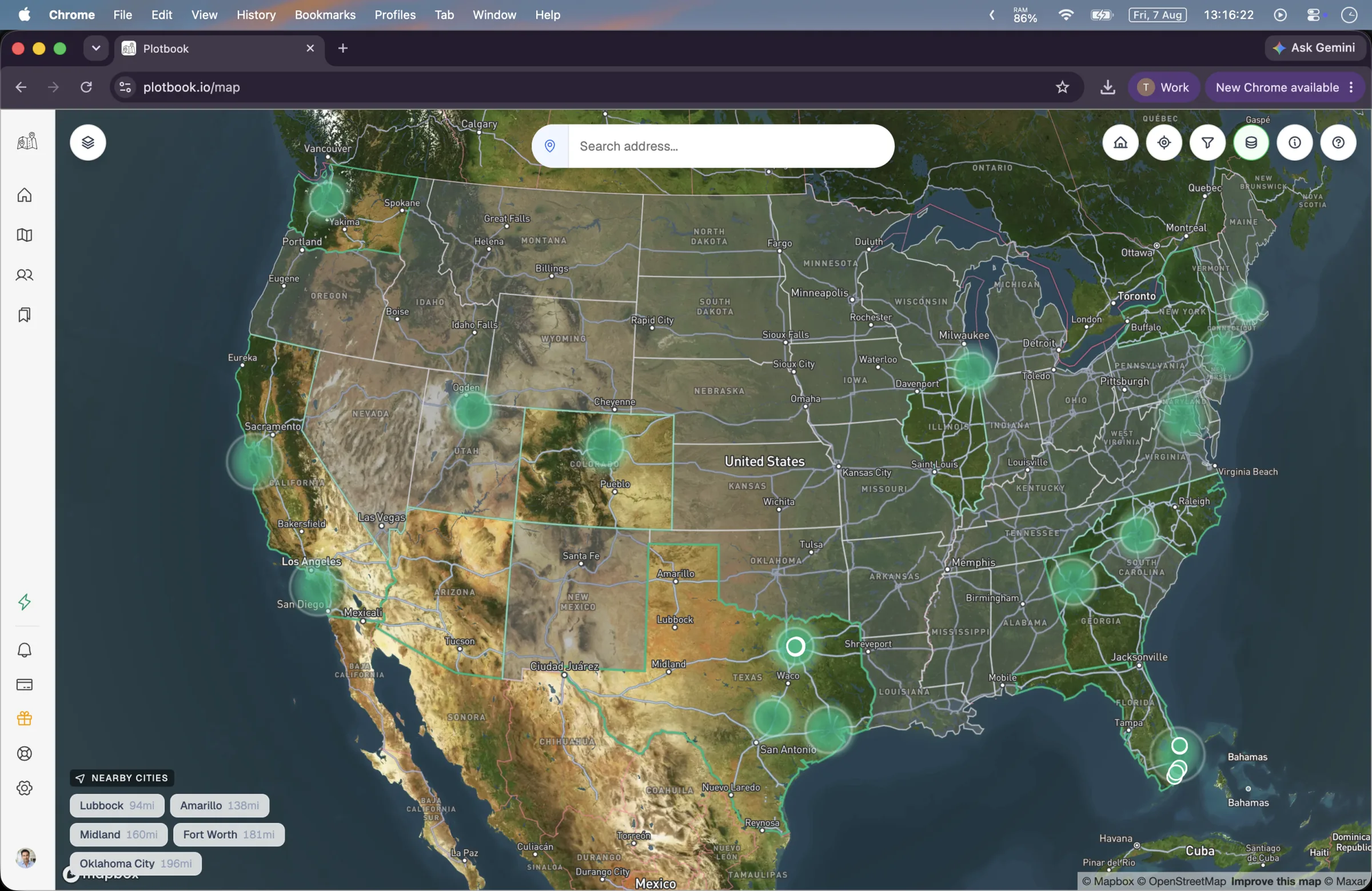 The Plotbook map zoomed out to the whole United States, with emerald high net worth area markers clustered across the country.