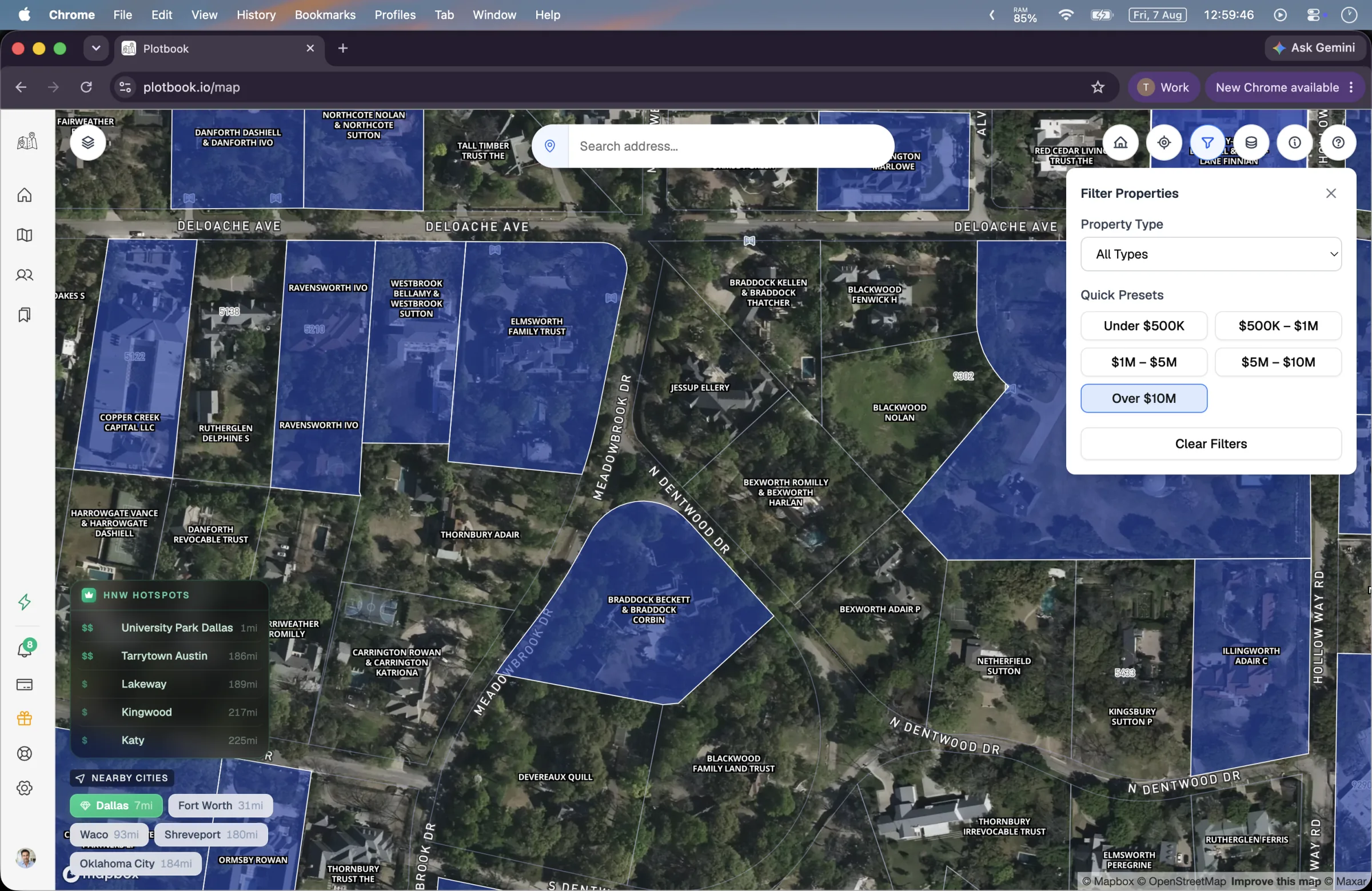 The Plotbook map with parcels colored by assessed value and the value legend open.