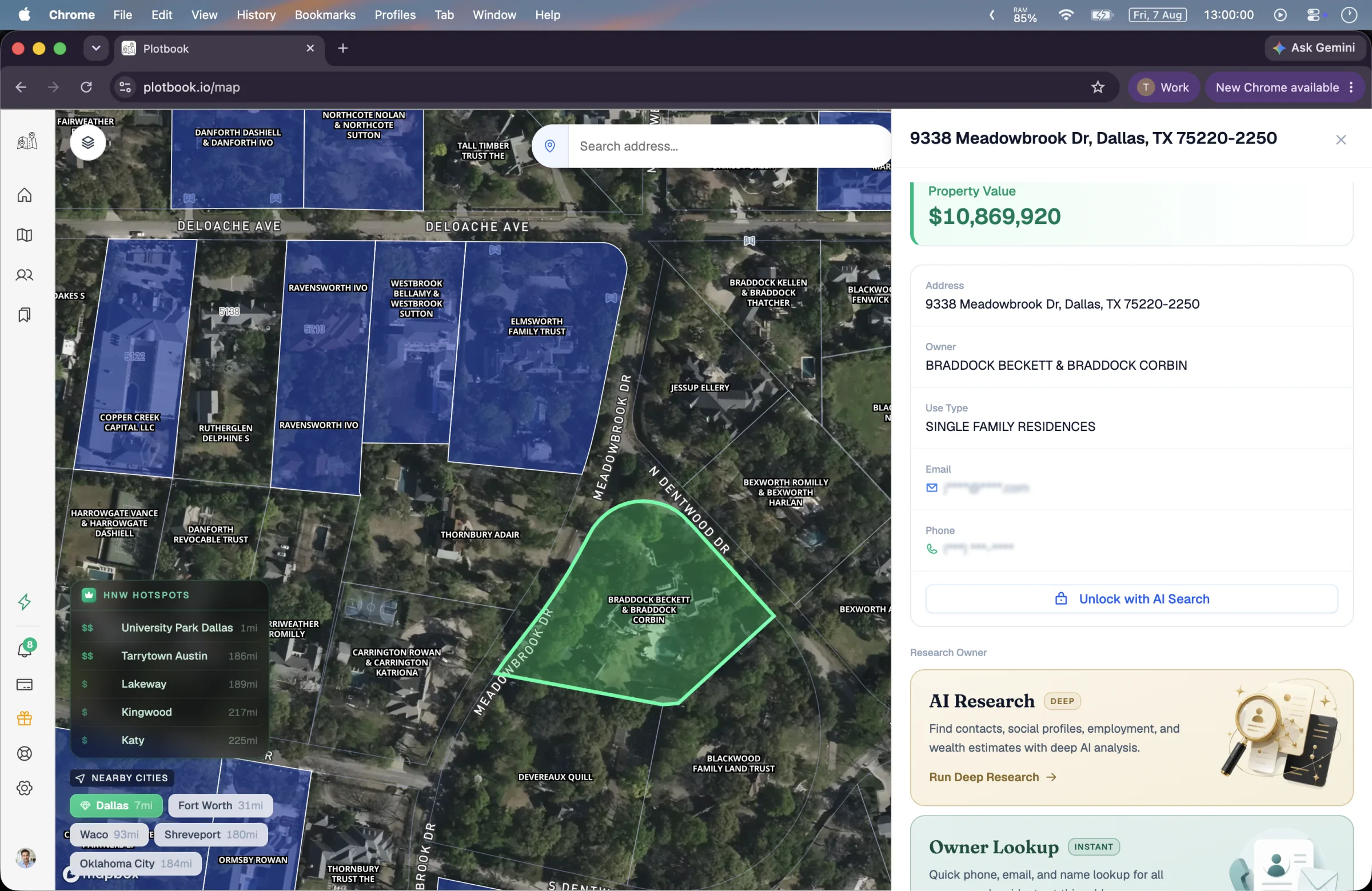 A selected parcel on the map with the property drawer open, showing the assessed value, the deed owner, and the instant Owner Lookup card.
