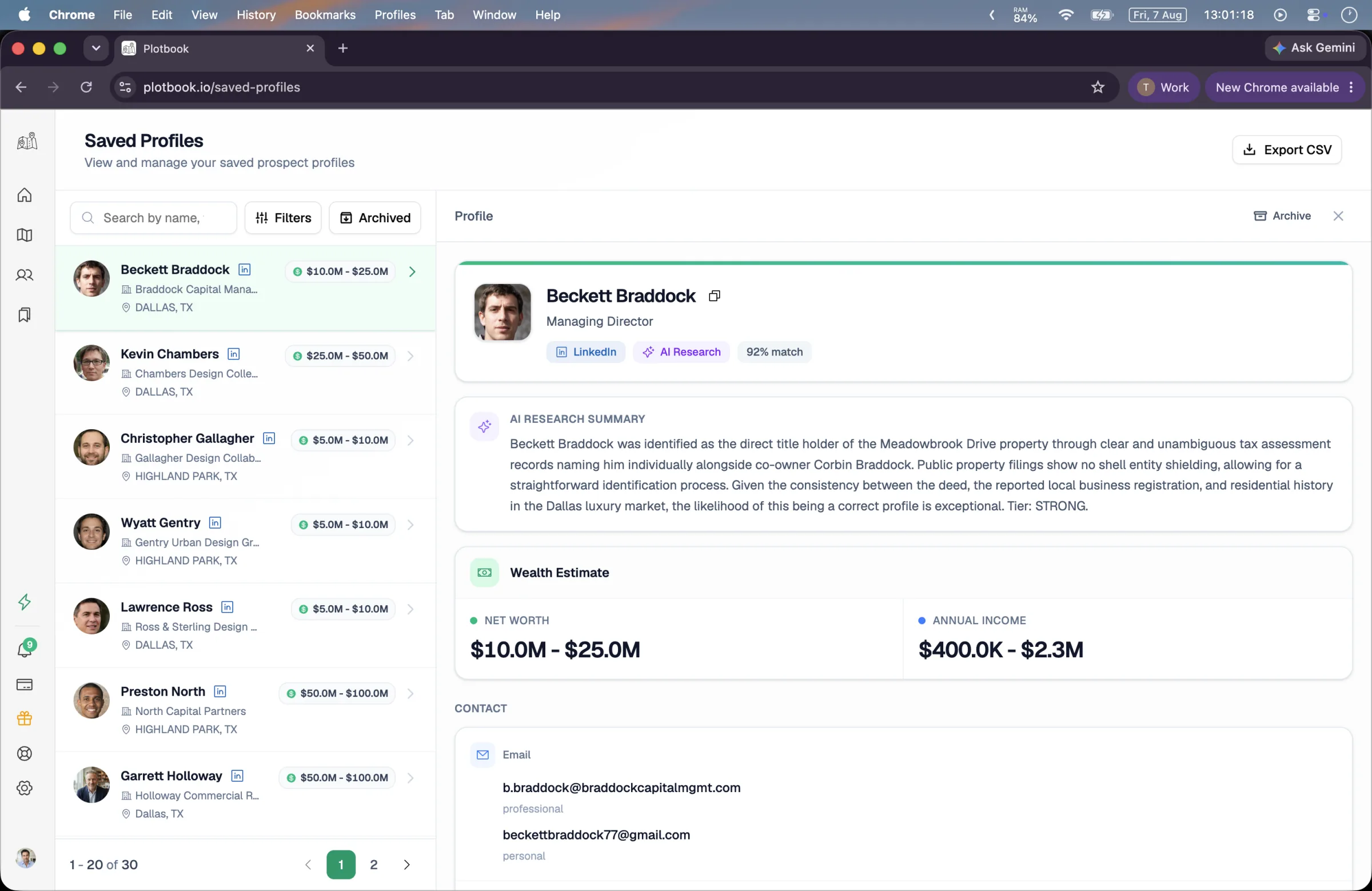 The saved profiles list beside an open profile showing an AI research summary, wealth estimate ranges, and contact details.