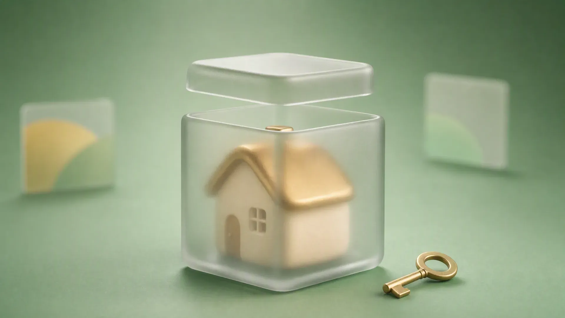 Illustration of a small house sealed inside a frosted glass box, with a key resting outside it.