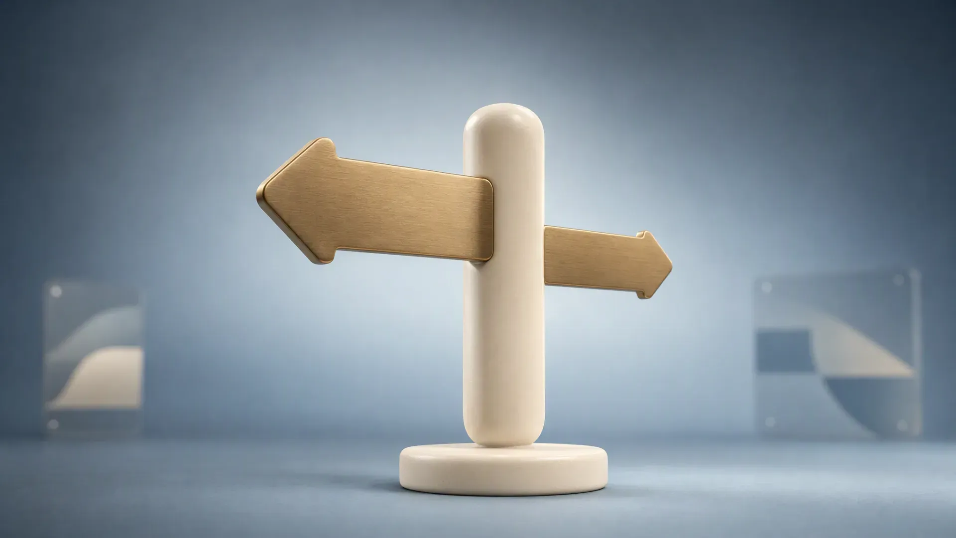 Illustration of a signpost with two arms pointing in opposite directions, the larger arm in sharp focus.