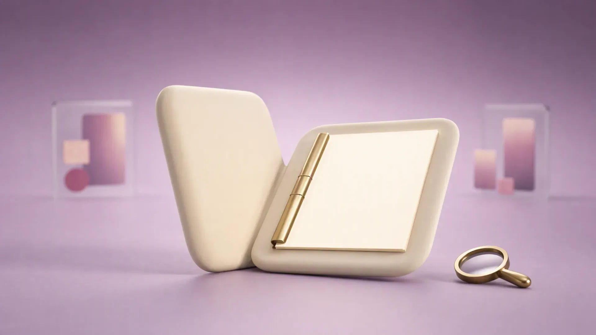 Illustration of an open folio holding a single blank page, with a magnifier resting beside it.